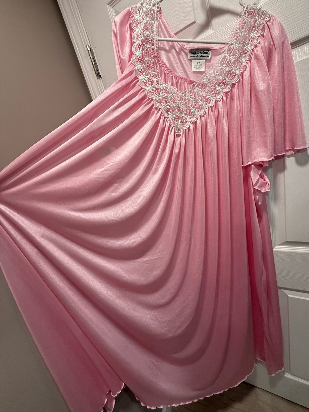 Vintage Style Pink Lace-Trim Flutter Sleeve Coquette Long Nightgown Size 6X